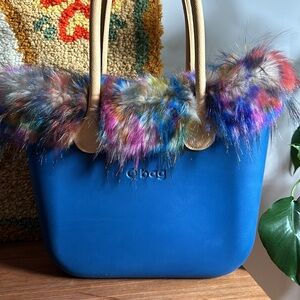 Obag Aqua Blue Basket Bag Multicolour Faux Fur Trim